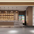 Wooden Reception Area Interior With Marble Counter Display Shelves Chandeliers And Landscape Painting