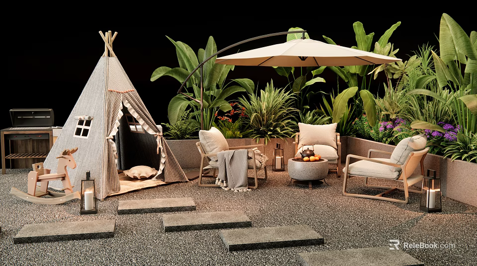 Camping Campground With Tepee Tent Lush Green Plants Outdoor Furniture And Umbrella 3d model 