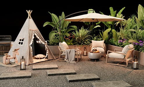 Modern Camping Landscape Outdoor Chair Tent Leisure Chair Plant Pile Flower Pond Plant Combination Grill 3d model