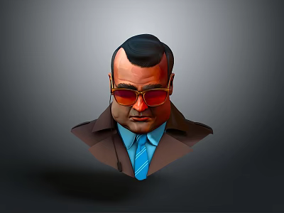 Male Character Head Portrait With Black Short Hair Red Sunglasses Brown Coat And Blue Tie 3d model