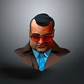 Male Character Head Portrait With Black Short Hair Red Sunglasses Brown Coat And Blue Tie