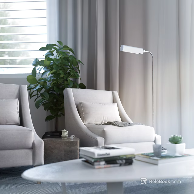 Light Gray Armchair with Green Plant Floor Lamp Books and Small Potted Plant Near Window 3d model 