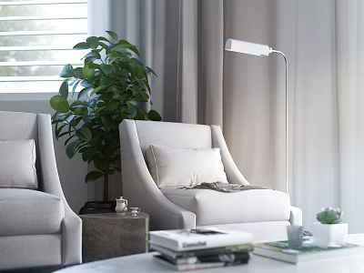 Light Gray Armchair with Green Plant Floor Lamp Books and Small Potted Plant Near Window 3d model