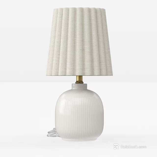 Modern Table Lamp with Pleated Beige Fabric Shade and White Ribbed Ceramic Base 3d model 