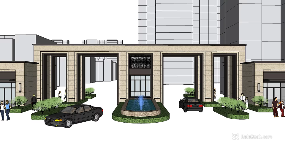 Grand Entrance Gate With High rise Building Parked Cars And Central Fountain 3d model 
