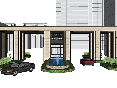 Grand Entrance Gate With High rise Building Parked Cars And Central Fountain 3d model