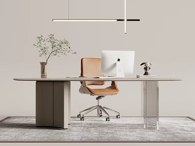 Modern Office Desk Setup With White Computer Orange Chair Green Plant And Hanging Lamp 3d model