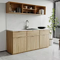 Wooden Sideboard With White Countertop Open Shelves Sink And Green Plant