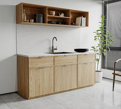 Wooden Sideboard With White Countertop Open Shelves Sink And Green Plant 3d model