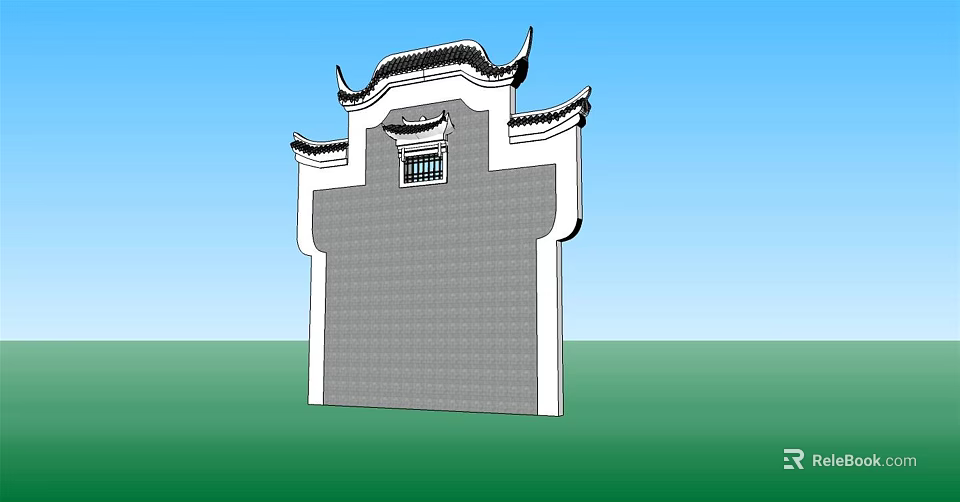 Traditional Chinese Building Exterior Wall with Curved Eaves Gray Brick Surface and Small Window 3d model 