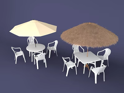 Outdoor Table Set with White Chairs and Umbrellas Including Straw and White Designs 3d model