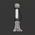 Futuristic Cylindrical Sci Fi Device With Green Glowing Tube Red Accent Dome And Silver Stand