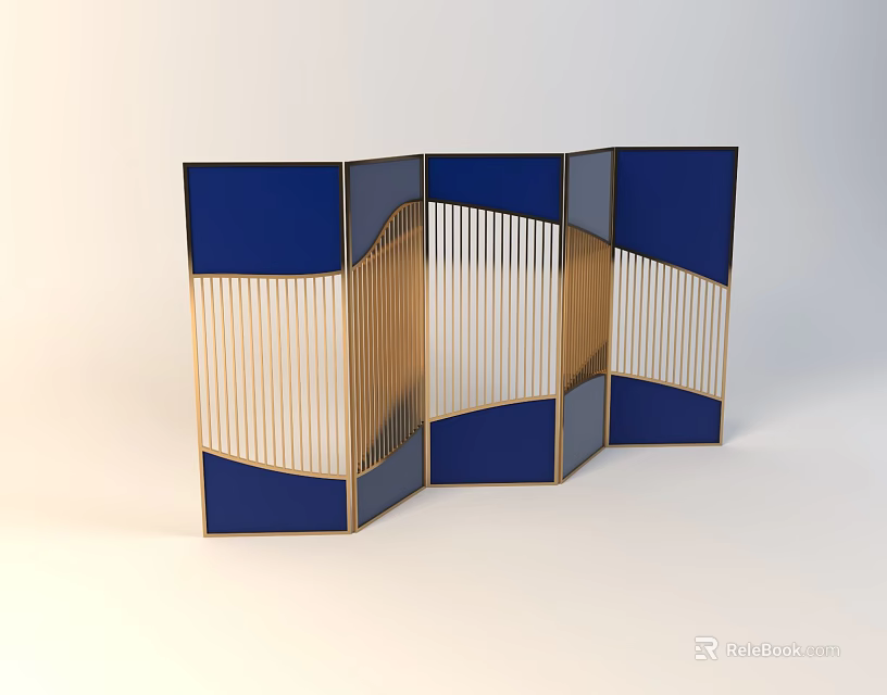 Modern Folding Screen with Blue Panels and Gold Vertical Slats Design 3d model