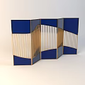 Modern Folding Screen with Blue Panels and Gold Vertical Slats Design 3d model