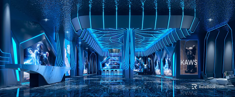 Futuristic Modern Hotel Lobby Featuring Blue Lighting Geometric Shapes Bar Counter And Marble Floor 3d model 