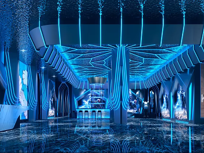 Futuristic Modern Hotel Lobby Featuring Blue Lighting Geometric Shapes Bar Counter And Marble Floor 3d model