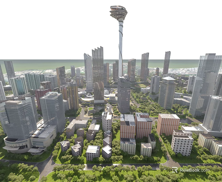 Urban Aerial Planning With High Rise Buildings Green Spaces And Landmark Tower 3d model 