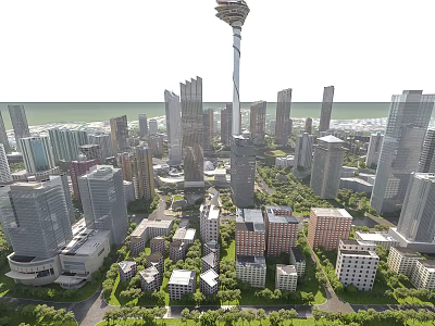 Urban Aerial Planning With High Rise Buildings Green Spaces And Landmark Tower 3d model
