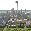 Urban Aerial Planning With High Rise Buildings Green Spaces And Landmark Tower