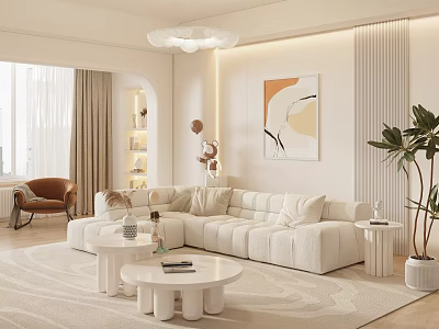 Stylish Living Room Interior With Beige L Shaped Sofa Round Coffee Table And Abstract Painting 3d model