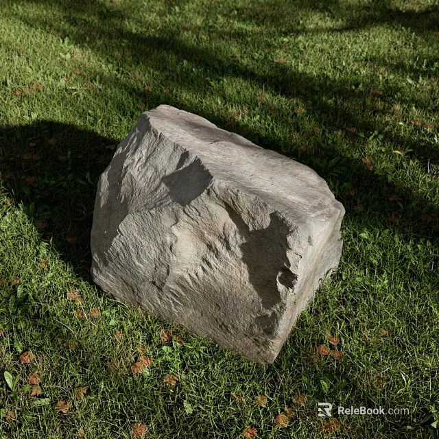 Large Natural Gray Stone Placed On Lush Green Grass With Sunlight And Shadow Patterns 3d model 