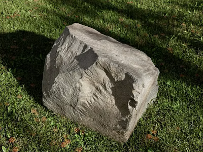 Large Natural Gray Stone Placed On Lush Green Grass With Sunlight And Shadow Patterns 3d model
