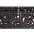 Modern Ceiling Design With Black Panels Red Pipes Linear And Round Lights Square Vents