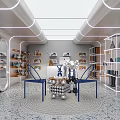 Modern Boutique Store Interior With Neon Lights Shelves Blue Chairs And Products On Round Rug