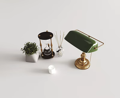 Stylish Decorative Ornament Set With Green Table Lamp Hourglass Diffuser Potted Plant And White Candle 3d model