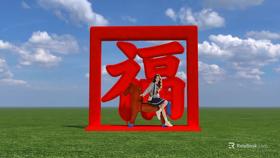 Interactive Zone Featuring Red Square Frame Chinese Character Fu Wooden Horse And Green Grass 3d model 