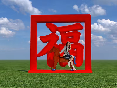 Interactive Zone Featuring Red Square Frame Chinese Character Fu Wooden Horse And Green Grass 3d model