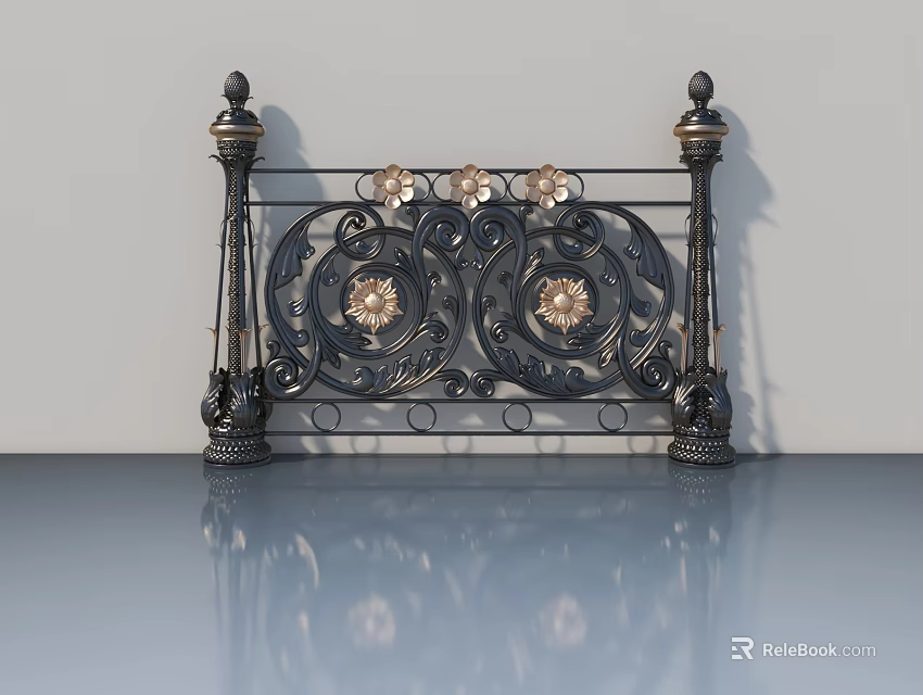 Black Swing Door With Wrought Iron Decorative Posts Ornate Patterns And Golden Flowers 3d model 