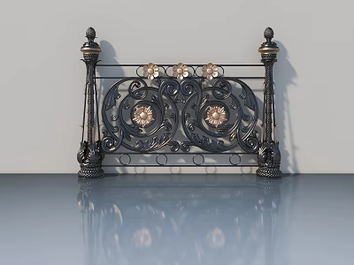 Black Swing Door With Wrought Iron Decorative Posts Ornate Patterns And Golden Flowers 3d model