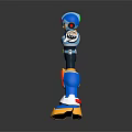 Blue Armored Video Game Character Posing With Helmet Yellow Boots And Outstretched Arms