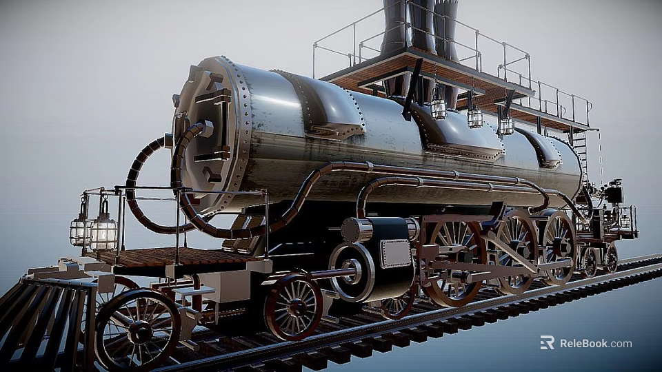 Vintage Steam Locomotive Design With Metal Structure On Railway Tracks 3d model 