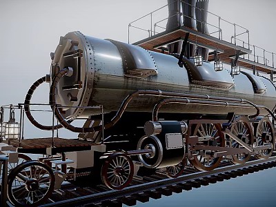 Vintage Steam Locomotive Design With Metal Structure On Railway Tracks 3d model