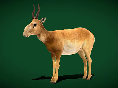 Saiga Antelope Standing On Green Background With Brown Coat Long Nose And Curved Horns 3d model