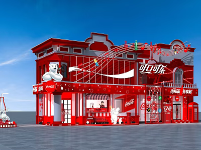 Coca Cola Themed Red Building Exterior With White Bear And Decorations 3d model