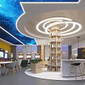 Starry Sky Ceiling Leisure Space Interior With Circular Bookshelf Dining Table Bar Counter And Stools 3d model