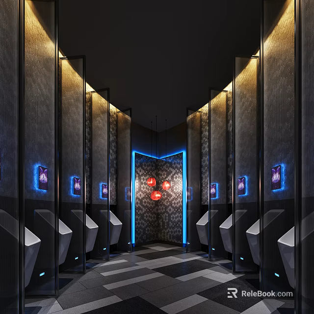 Modern Public Restroom Featuring Men's Urinals Dark Walls Geometric Floor Tiles Decorative Paintings And Lighting 3d model 