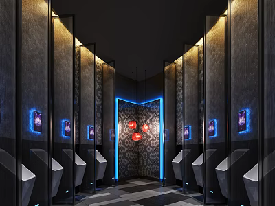 Modern Public Restroom Featuring Men's Urinals Dark Walls Geometric Floor Tiles Decorative Paintings And Lighting 3d model