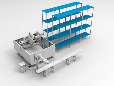 Industrial Equipment Setup with Large Machinery Blue Metal Shelves and Workbench 3d model
