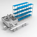 Industrial Equipment Setup with Large Machinery Blue Metal Shelves and Workbench