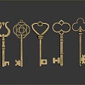 Golden Decorative Keys With Different Ornate Shapes On Dark Reflective Background