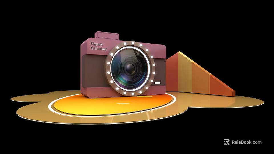 Purple Brown Camera With Circular Base And Triangular Decoration On Black Background 3d model 