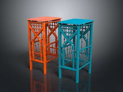 Colorful Metal Stools With Orange And Blue Geometric Cutout Design Standing On Dark Reflective Surface 3d model