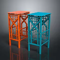 Colorful Metal Stools With Orange And Blue Geometric Cutout Design Standing On Dark Reflective Surface
