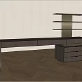 Modern Dark Wood Desk With Drawer Cabinet And Multi tiered Shelf On Herringbone Floor