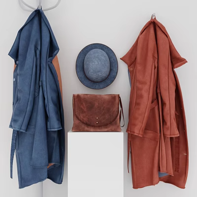 Blue and Red Coats Display with Hat and Leather Bag on White Background 3d model Blue and Red Coats Display with Hat and Leather Bag on White Background 3d model