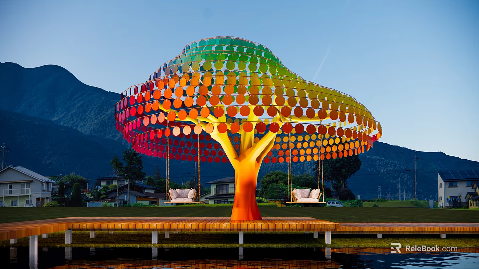 Vibrant Rainbow Colored Tree Sculpture With Circular Discs Near Lake And Mountains 3d model 
